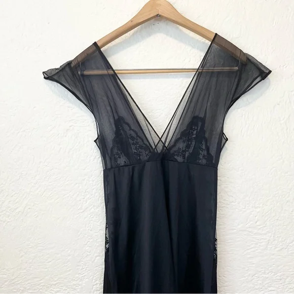 Vintage Sheer Black Mesh Satin Lingerie Nightgown Maxi Dress Goth Whimsigoth S/M - Picture 10 of 13